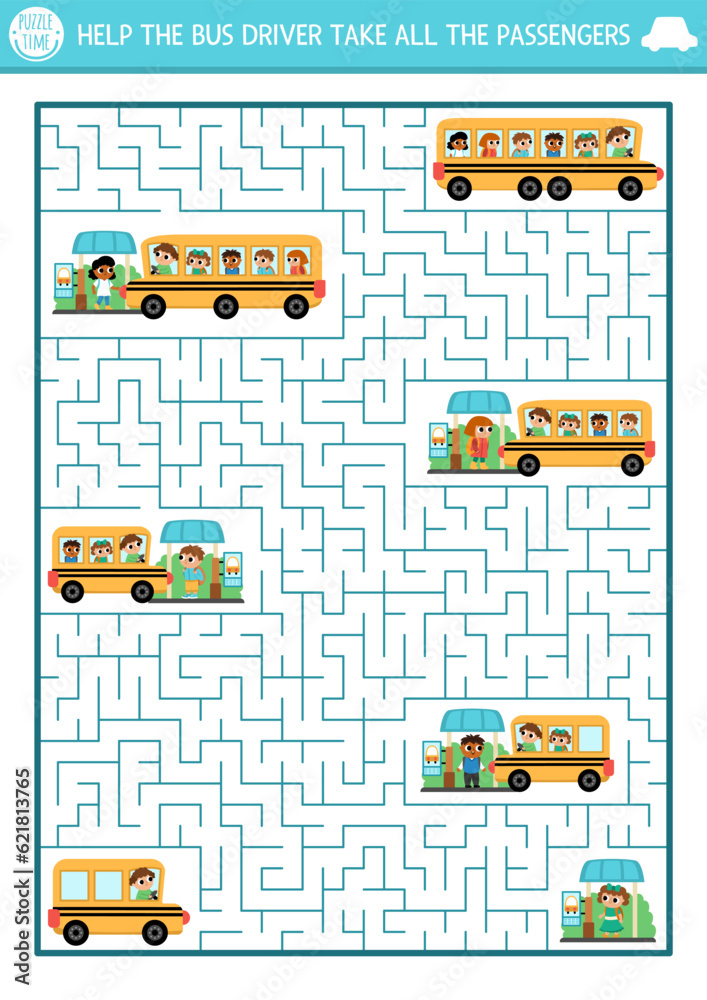 Transportation maze for kids with school bus and pupils waiting on ...