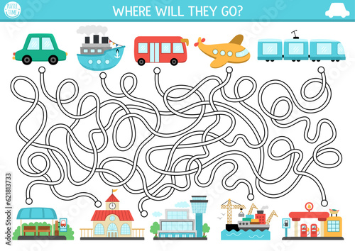 Transportation maze for kids with air, water, land, railway transport. Urban preschool printable activity. Labyrinth game or puzzle with car, train, ship, train, plane. Help the bus get to last stop.