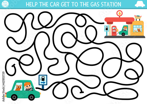 Transportation maze for kids with auto, driver, passenger. Urban transport preschool printable activity. Labyrinth game or puzzle with filling service, cafe. Help the car get to the gas station.