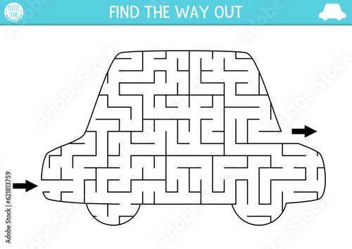 Transportation geometrical maze for kids. Preschool printable activity shaped as car. Simple city transport labyrinth game or puzzle for children with automobile.