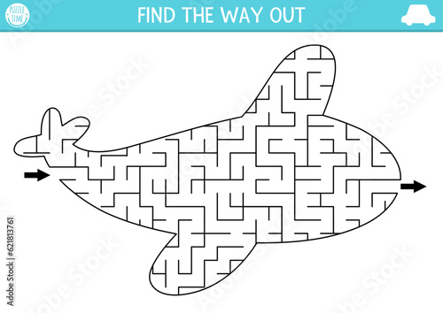 Transportation geometrical maze for kids. Preschool printable activity shaped as plane. Simple air transport labyrinth game or puzzle for children with airplane.