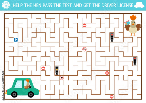 Transportation maze for kids with bird passing driving test. Urban transport preschool printable activity. Labyrinth game, puzzle with car, traffic lights, road signs. Help hen get driver license.