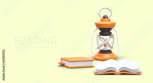Concept of reading. Travel book. Realistic lit kerosene lamp, books. Read while relaxing. Book festival, fair. Vector poster on yellow background. Place for announcement, invitation, offer