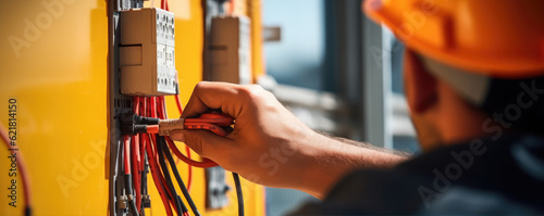 Electrician installing electric cable, generative ai