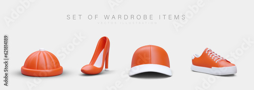 Set of accessories from wardrobe. Hats and shoes. Beanie hat, womens high heel shoe, baseball cap, sneakers. Color modern icons. Vector blanks for categories