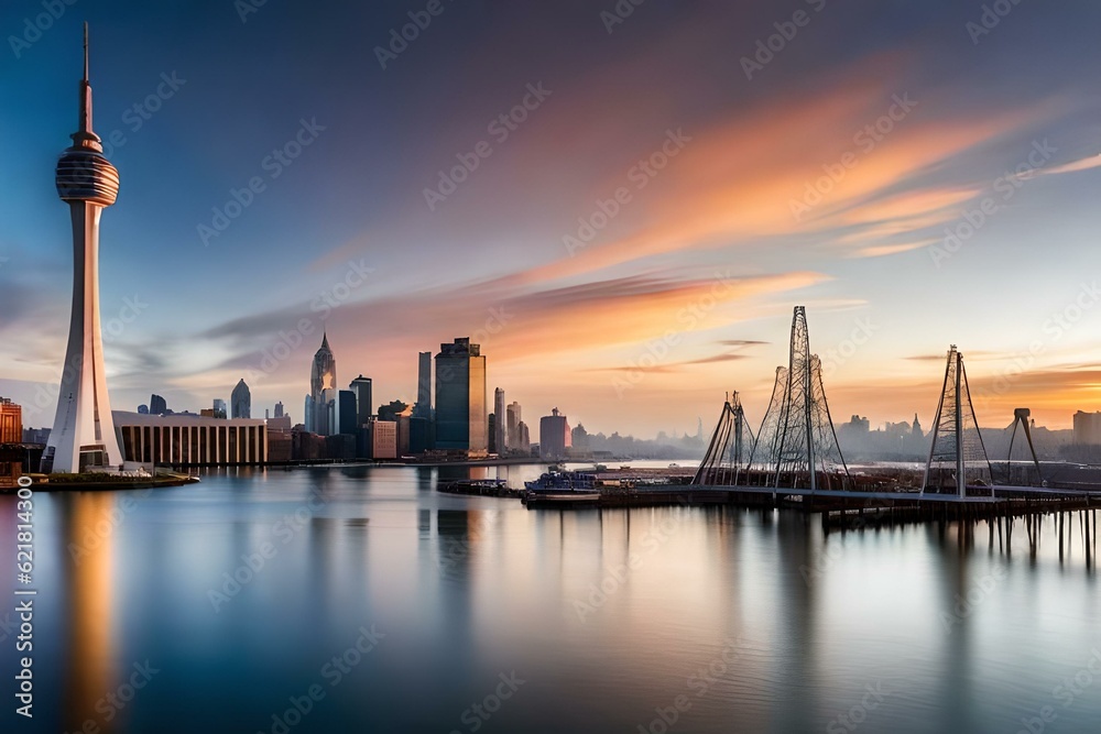 city skyline at dusk