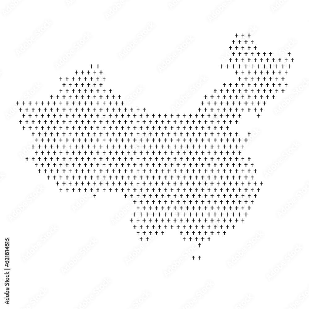 Map of the country of China with crosses on a white background