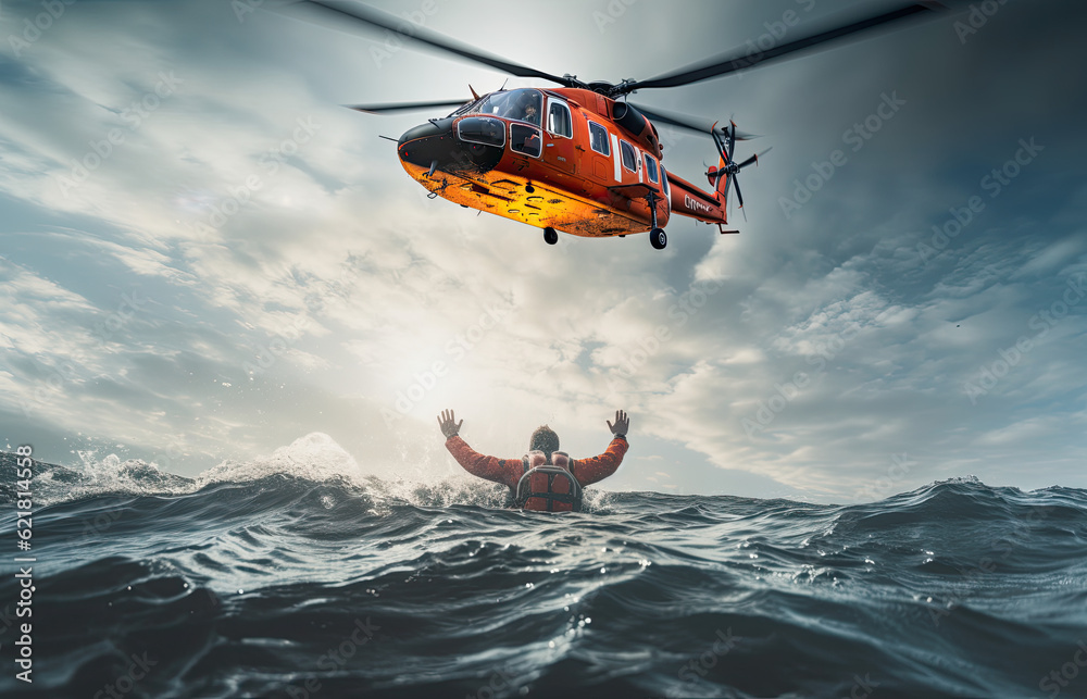 Rescue helicopter rescues a shipwrecked man in a stormy sea, ai generative