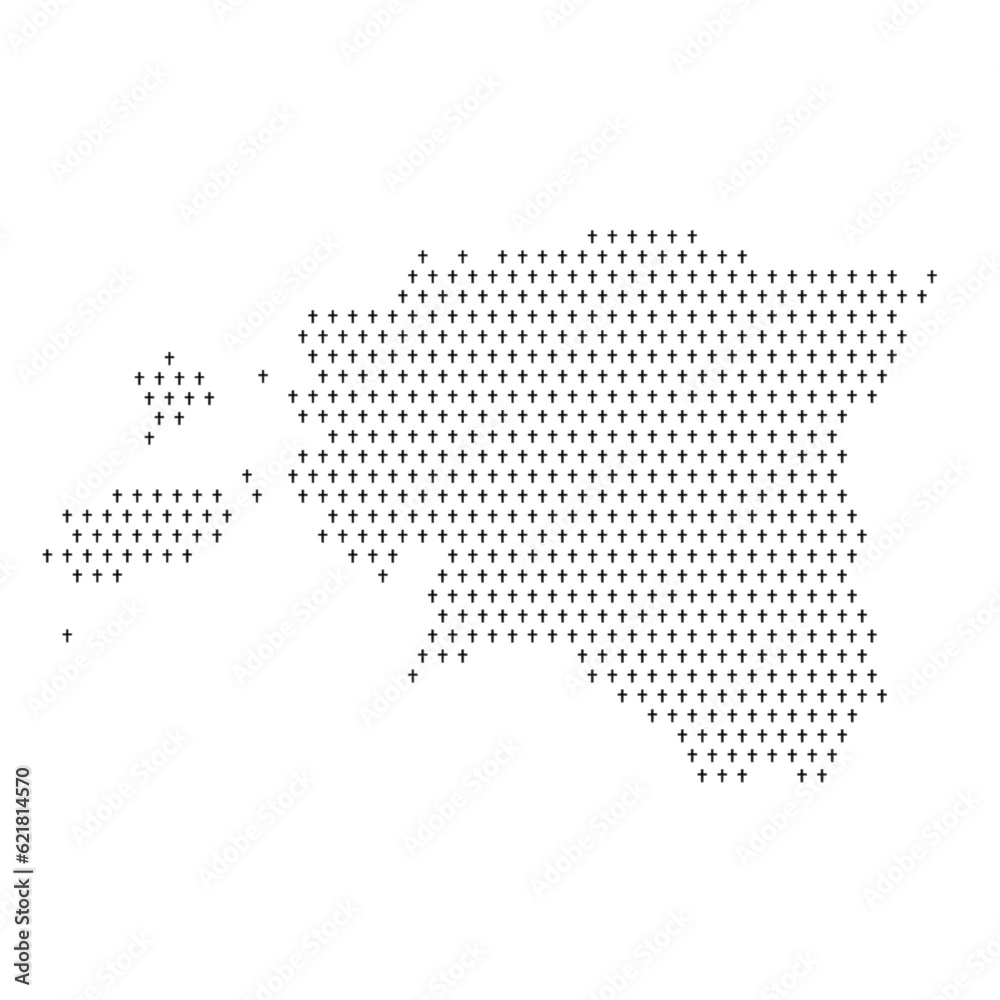 Map of the country of Estonia with crosses on a white background