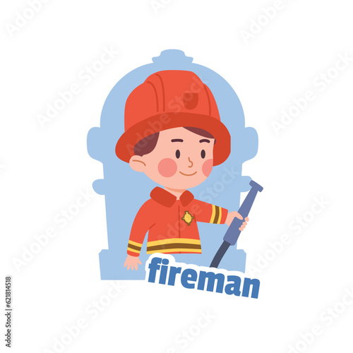 Child fireman or firefighter cartoon character flat vector illustration isolated.
