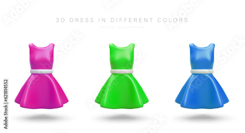 3d dress in different colors. Poster with place for text for clothes store for female. Summer dresses in purple, green and blue colors. Vector clothing mock up in cartoon style