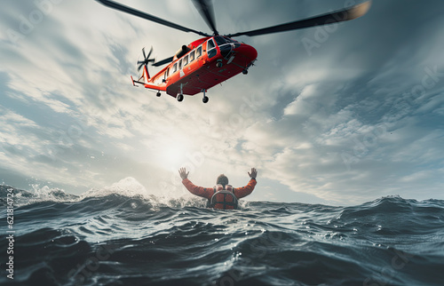 Rescue helicopter rescues a shipwrecked man in a stormy sea, ai generative