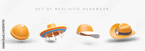 Set of 3D hats. Beanie hat, sombrero, baseball cap, sheriff hat. Thematic, festive and everyday hats on white background. Isolated vector image. Color icons with shadows