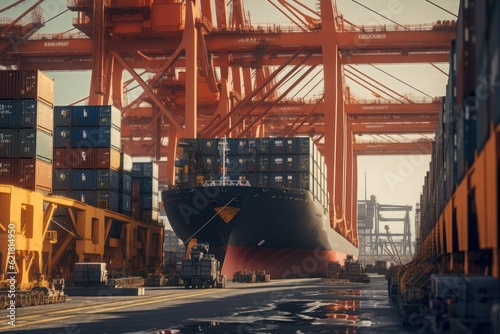 Loading a container ship at cargo berth of the seaport using port cranes. Containers are stacked and secured on board the cargo ship. Global transportation and logistic concept. 3D illustration.
