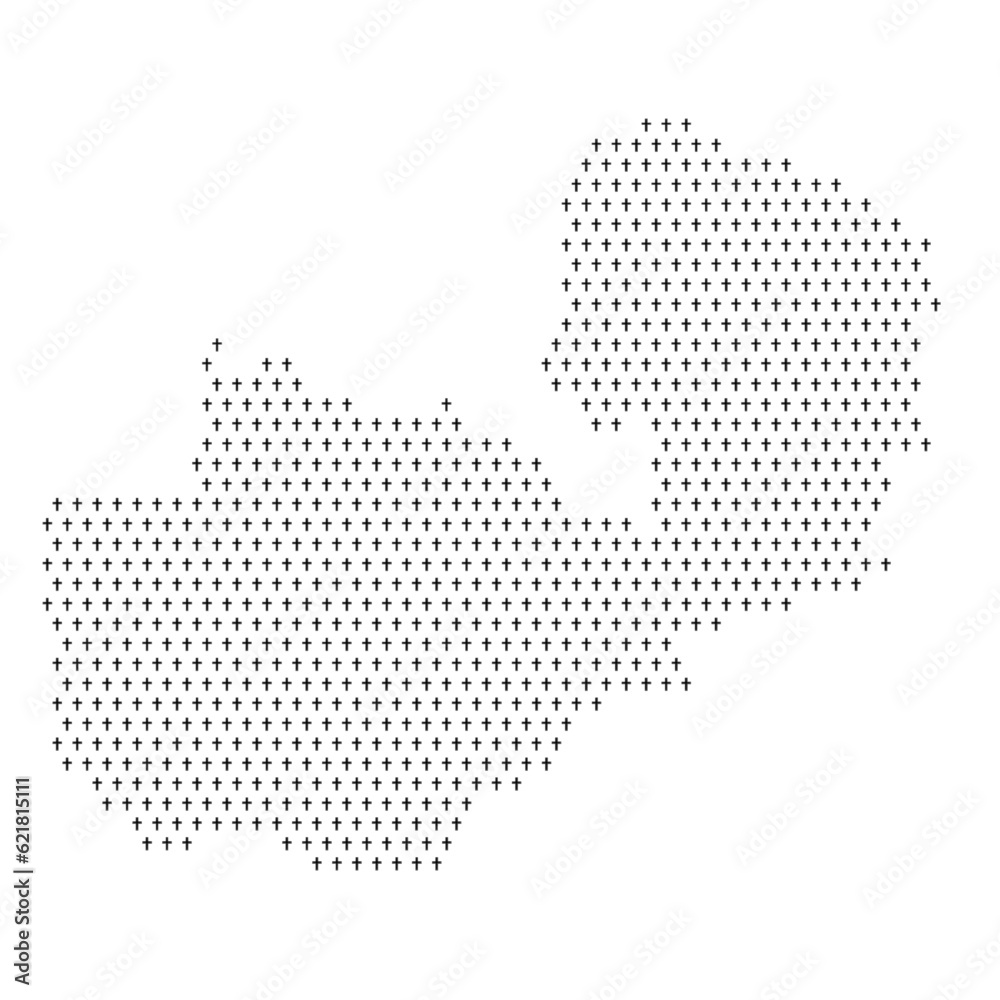 Map of the country of Zambia with crosses on a white background
