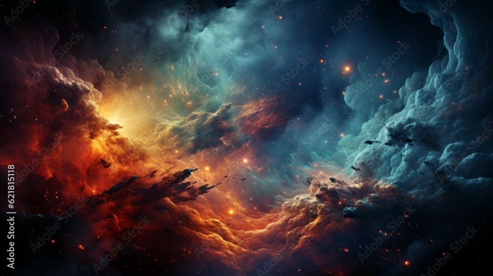 Abstract space background with stars and nebula, computer-generated image. Illustration of fractal with smoke and fire effect. 