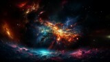Abstract space background with stars and nebula, computer-generated image. Illustration of fractal with smoke and fire effect. Abstract background with explosion of colorful smoke in space
