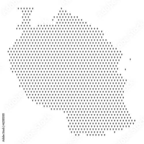 Map of the country of United Republic of Tanzania with crosses on a white background