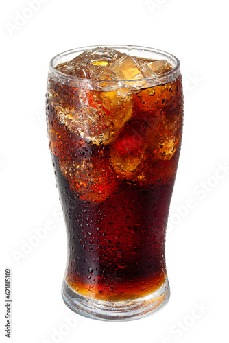 a glass of coke with ice cubes isolated on white background.