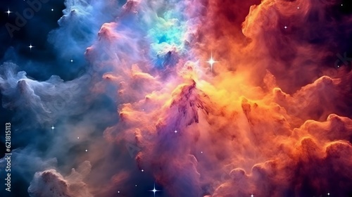 Colorful nebula and stars in deep space. Beautiful space background with stars and nebula. Red and blue nebula in space. Mysterious psychedelic relaxation pattern. Fractal abstract texture.