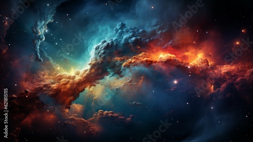 Colorful nebula and stars in deep space. Beautiful space background with stars and nebula. Red and blue nebula in space. Mysterious psychedelic relaxation pattern. Fractal abstract texture.
