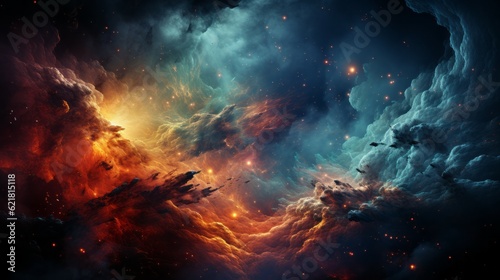 Abstract space background with stars and nebula, computer-generated image. Illustration of fractal with smoke and fire effect. 