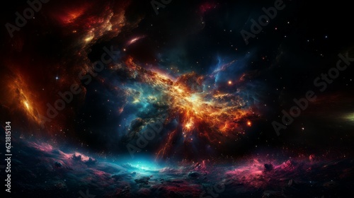 Abstract space background with stars and nebula, computer-generated image. Illustration of fractal with smoke and fire effect. Abstract background with explosion of colorful smoke in space