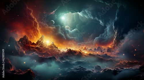 Fantasy space landscape with stars and nebula. Beautiful space background with nebula and stars. Fantasy colorful cosmo art.