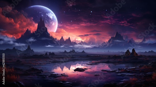Fantasy cosmic landscape with mountains, lake, hilly terrain on the background of stars and moon the sky. AI illustration. Fantasy saturated colors landscape with river, forest and mountain at night.