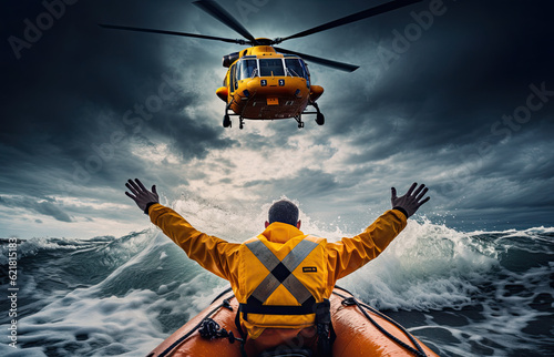 Rescue helicopter rescues a shipwrecked man in a stormy sea, ai generative