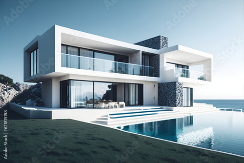 Modern house on sea shore. AI generated illustration © vector_master