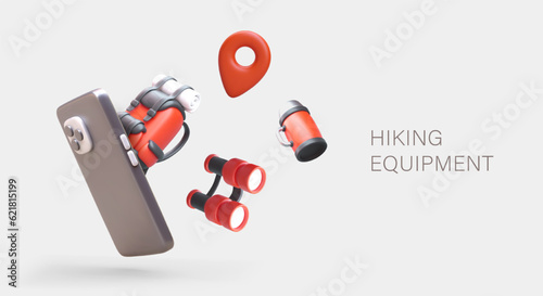 Equipment for hiking tourism. Advertising of phone application. Large catalog, easy selection, online payment. Poster with red 3D objects, place for text. Tourist accessories
