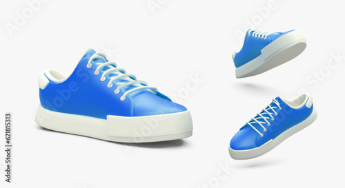 Cartoon realistic 3d gumshoes in various positions. Modern poster with sneakers for store selling sporty shoes. Vector design in blue and white colors in cartoon style