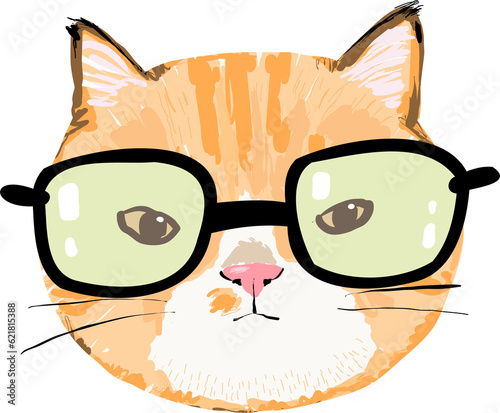 Cartoon Cat Face with Glasses, Watercolor Style