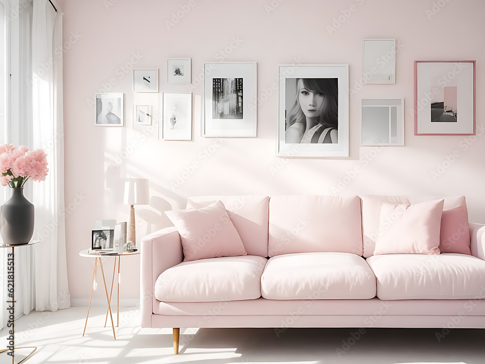 Fototapeta premium Modern Living Room Interior with Stylish Sofa in Lovely Pink Color and Wall-Mounted Portrait Frame & Light Pink Wall, 8k