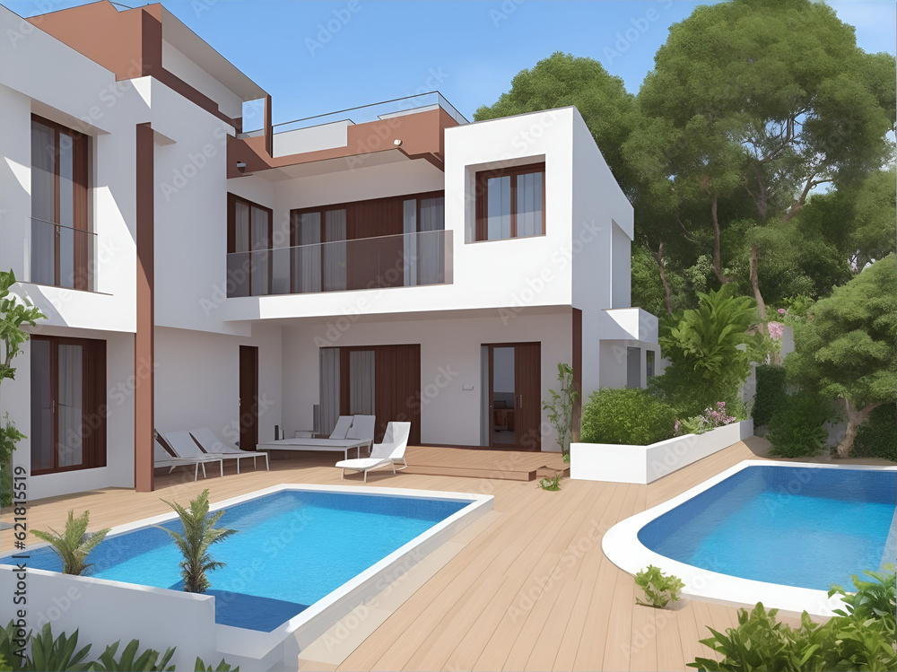 Modern house on sea shore. AI generated illustration