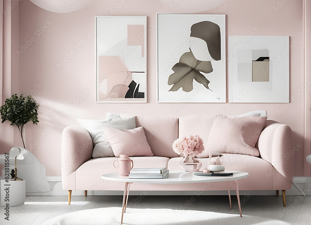 Modern Living Room Interior with Stylish Sofa in Lovely Pink Color and ...