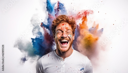 Happy redhead boy smiling in a cloud of colorful smoke and powder on a white background, having fun, colors, LGBTQ+, party, peace, inclusive, beauty, freedom. Generative AI.