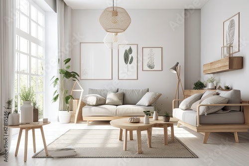 Contemporary and Scandinavian living room design with mock up templates  wooden accents  succulents  plants  notes  and personal items. minimalistic interior design. Generative AI