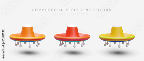 Colorful 3d yellow, orange and red sombrero in different positions. Ad poster for campaign for souvenir store or touristic company. Sale of traditional element. Vector design in cartoon style