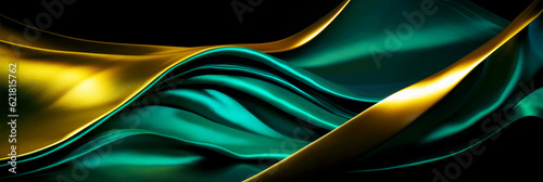 Abstract green and gold silk texture background. Turquoise and golden elegant luxury satin cloth with wave. Prestigious, award, luxurious teal background. Generative AI.