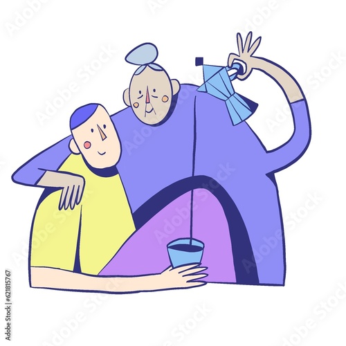 A granny is pouring Italian coffee in the cup of a young man