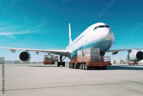 Loading a cargo plane at the airport. A cargo trolley delivering cargo to the jet on the airfield. International freight transport, airmail and logistics concept. 3D illustration.