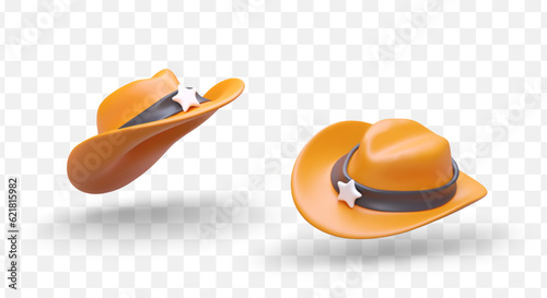 3d realistic cowboy hat headwear clothing fashion mock up. Sheriff hat in different positions. Cowboy hat templates in various positions. Vector basic unisex hat set in cartoon style