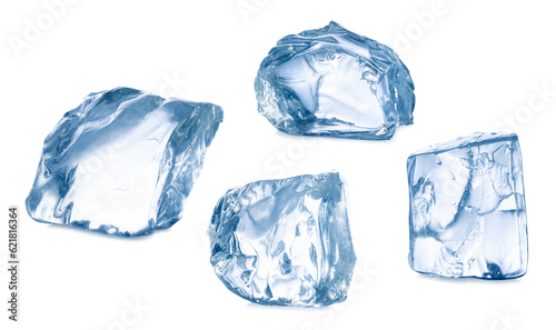 Irregular crystal ice cubes isolated on white background.