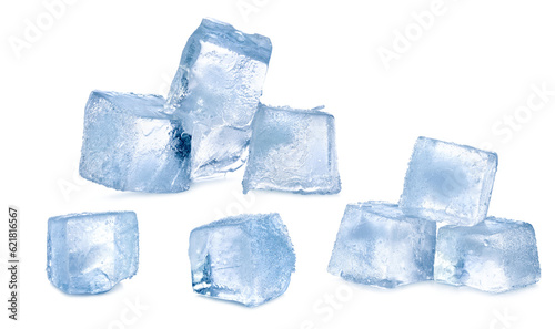 ice cubes with hoarfrost before melted isolated on white background.