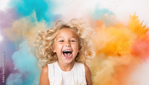 Happy caucasian child smiling in a cloud of colorful smoke on a white background, having fun, colors,  color explosion, holi, LGBTQ+, party, peace, inclusive, beauty, freedom. Generative AI.