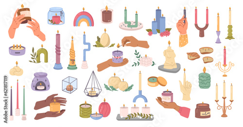 Various candles of different shapes and sizes. Elements for home decoration or aromatherapy. Hand drawn vector jar candle, square, container with multi wick. Decorative relax and spa objects