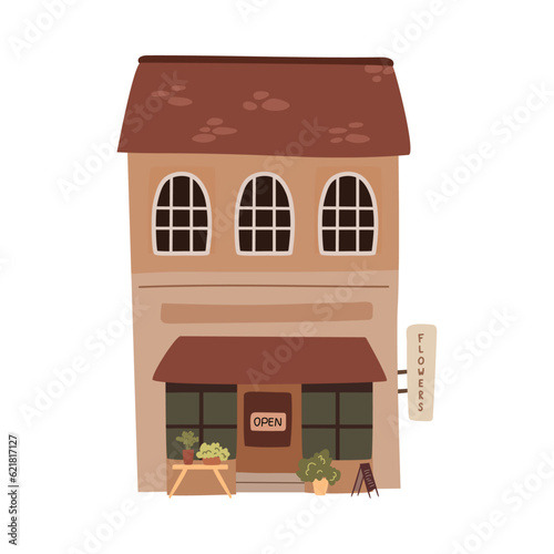 City small business flower florist shop facade isolated flat cartoon vector illustration. Store with flowers, storefront showcase with plants, florist store