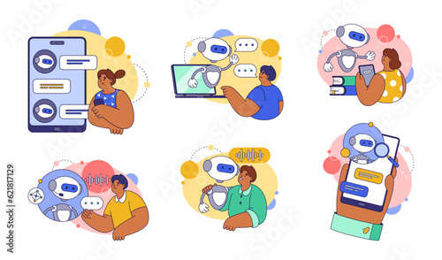 Virtual assistant in smartphone or laptop. Vector flat chatbot application communicating with owner. Artificial intelligence software for helping clients. Technological advancement